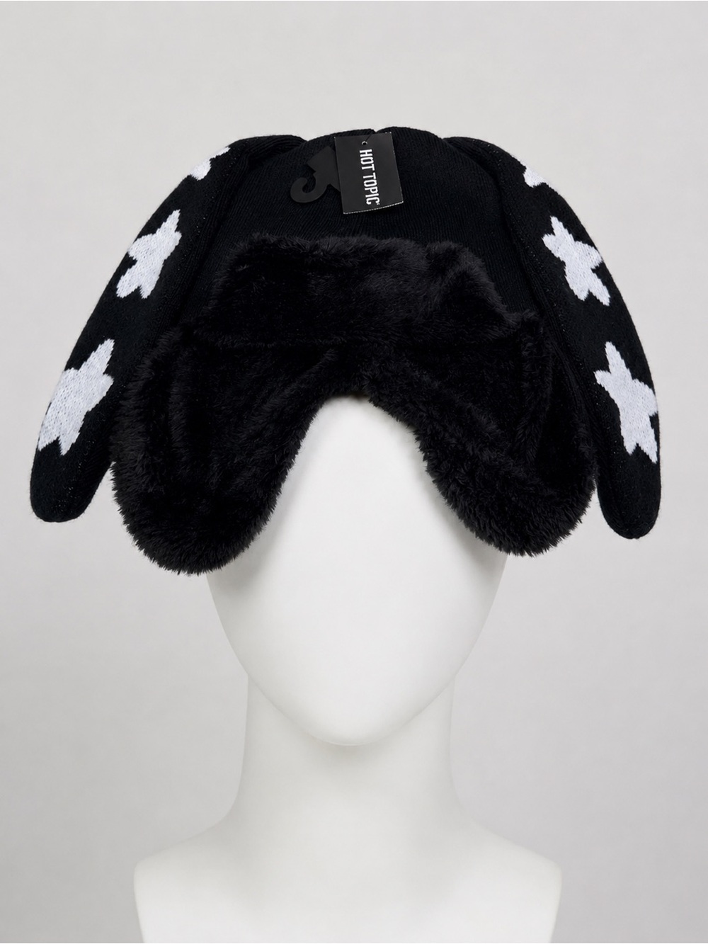 Hot Topic Bunny Star Ears Trapper Hat Black White Faux Fur NWT